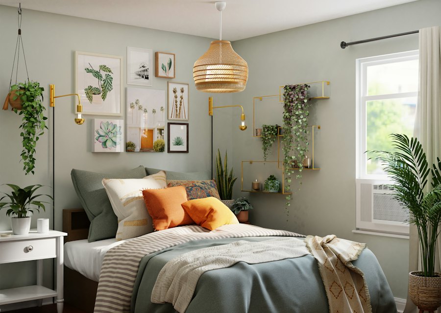Calm bedroom with green bedspread